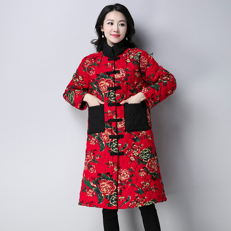 民族风中老年棉麻夹棉外套大码中长款棉衣妈