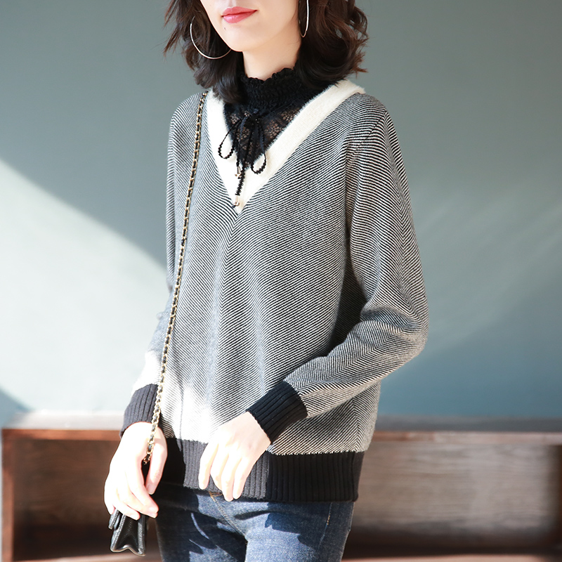 带领子的假两件毛衣,单穿打底都好看,春节穿上