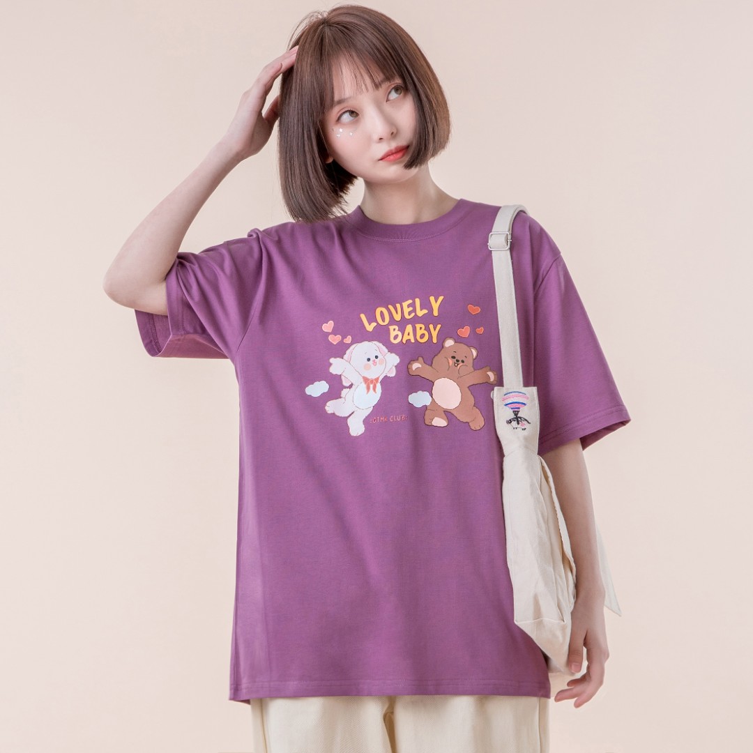 otmk 两只小熊lovely baby 糖果色短袖t恤女